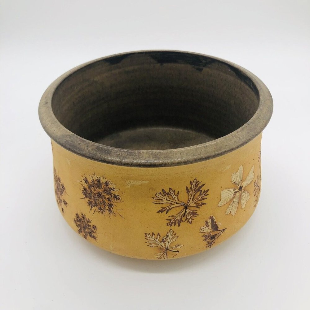 Golden Yellow Ceramic with Imprinted Fall Leaves  Pottery Signed PlanterPot